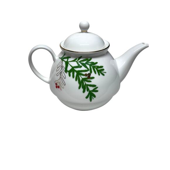 Lenox Merry and Bright Pine and Berry Teapot 24K Gold and Platinum Accents Rare! - Picture 7 of 12